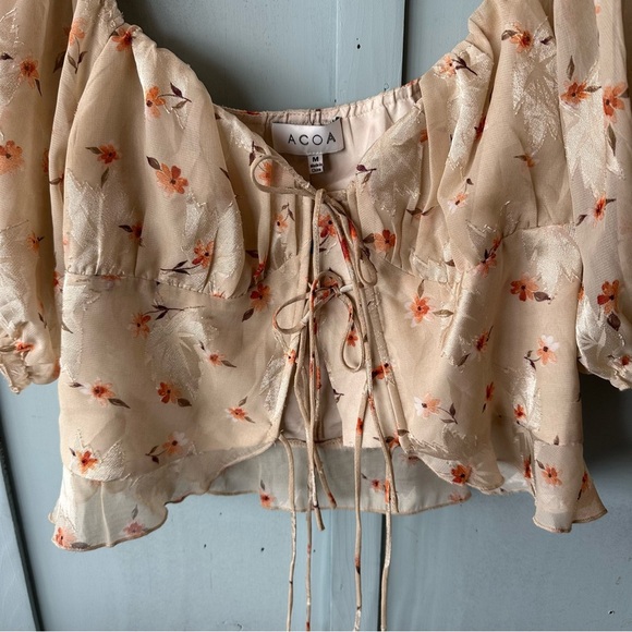 ACOA Orange Tan Puff Sleeve Front Tie Crop Blouse - Picture 4 of 5